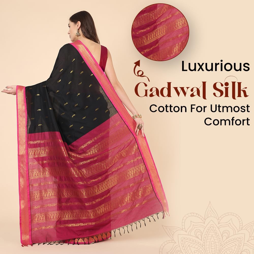 Women's Gadwal Silk Cotton Saree with Contrast Unstitched Blouse Piece - Stylish and Classic Traditional Saree