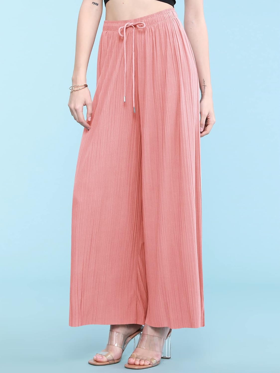 Lock and Love Womens Pleated Wide Leg Palazzo Maxi Pants with Drawstring or Elastic Band