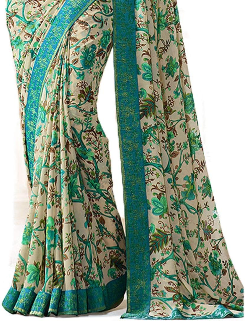 MAHEK Indian Women's Georgette New Fancy All Over Flower Prints Saree with Border & Blouse