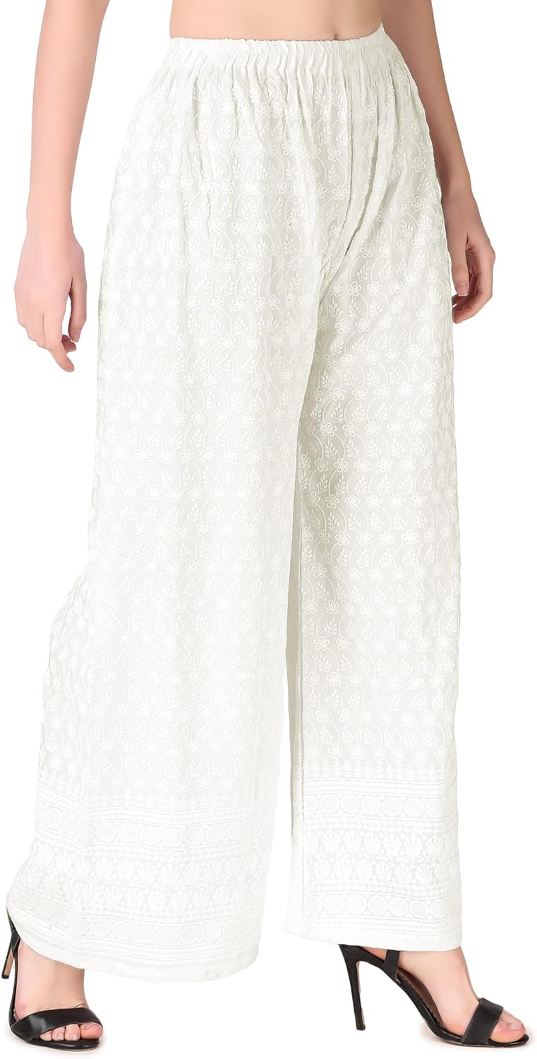 ladyline Women's Embroidered Hakoba Chikhan Palazzo Pant in Rayon with Elastic Closure