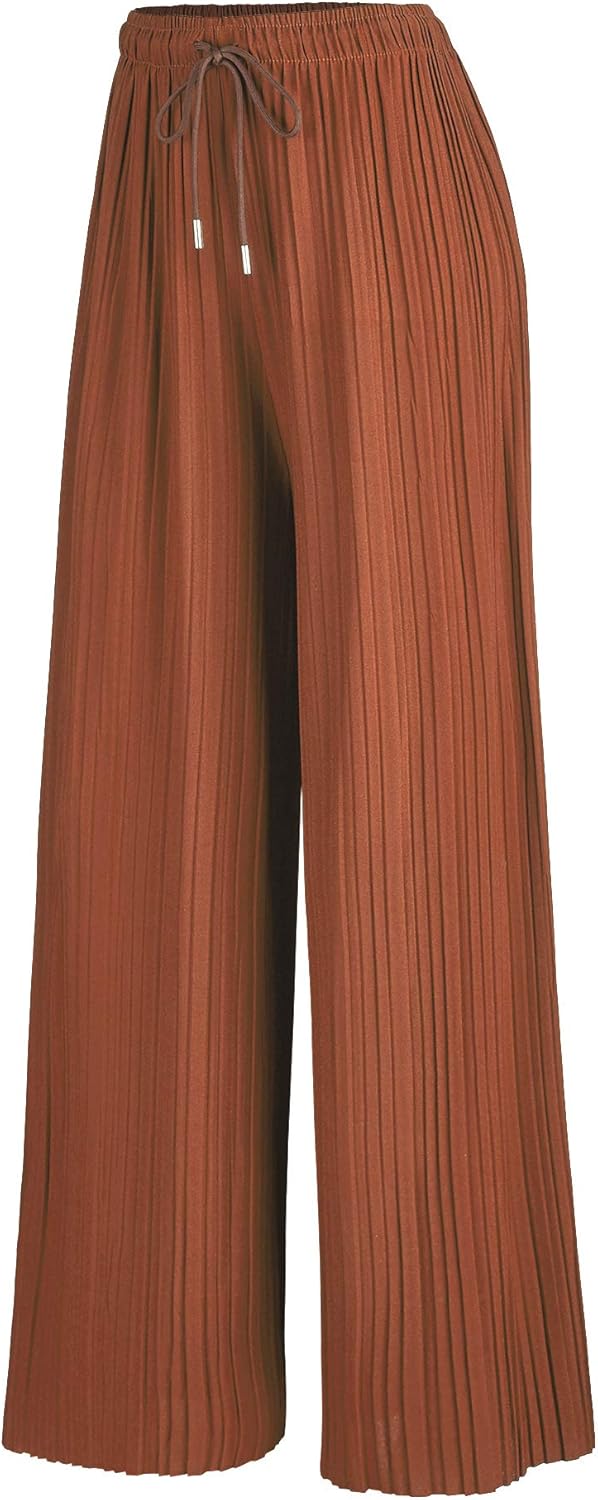 Lock and Love Womens Pleated Wide Leg Palazzo Maxi Pants with Drawstring or Elastic Band