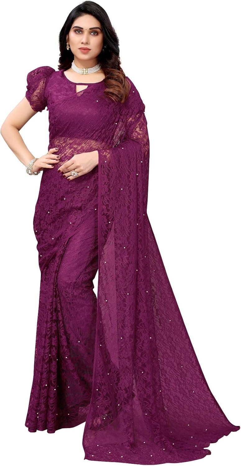 IMTRA FASHION Designer Net Saree for Women Indian Floral Sari with Blouse