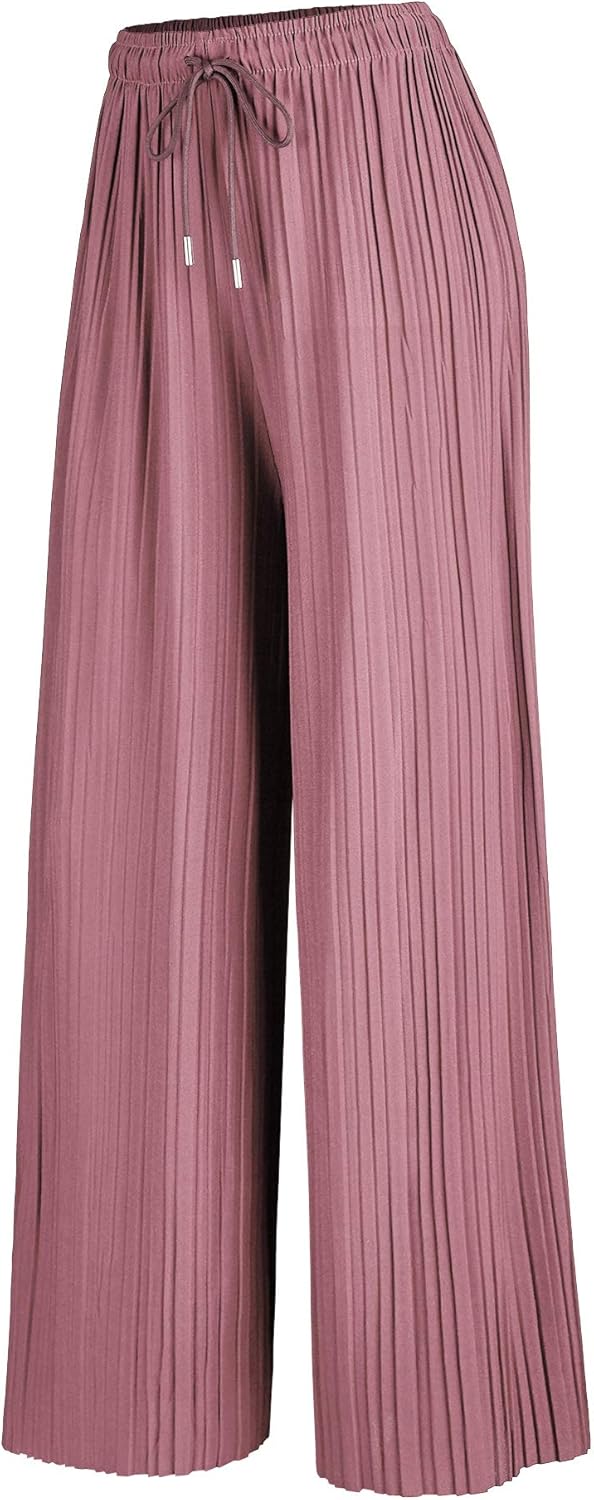 Lock and Love Womens Pleated Wide Leg Palazzo Maxi Pants with Drawstring or Elastic Band