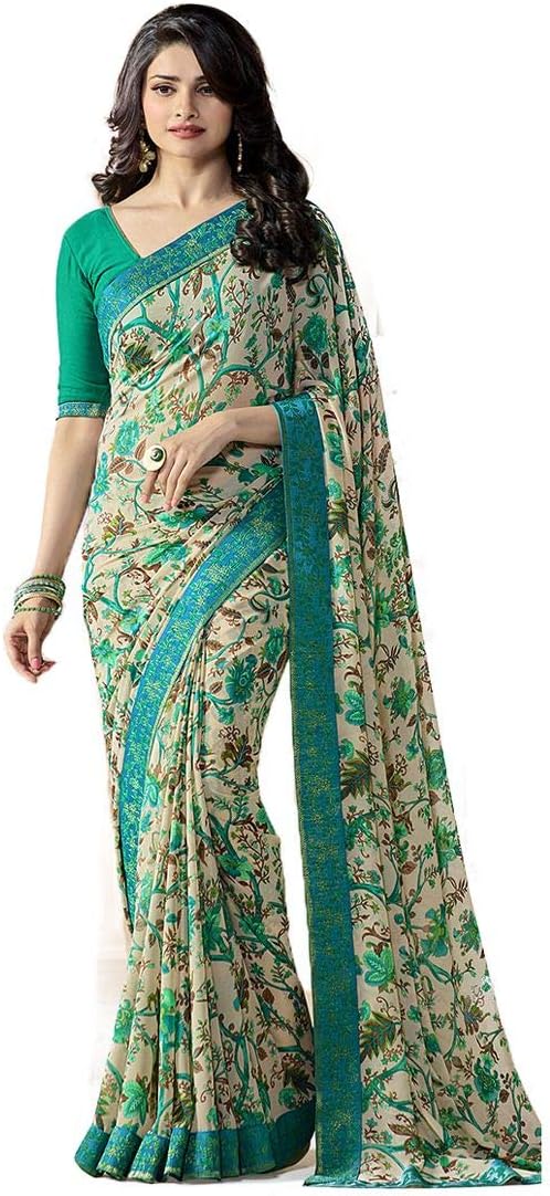 MAHEK Indian Women's Georgette New Fancy All Over Flower Prints Saree with Border & Blouse