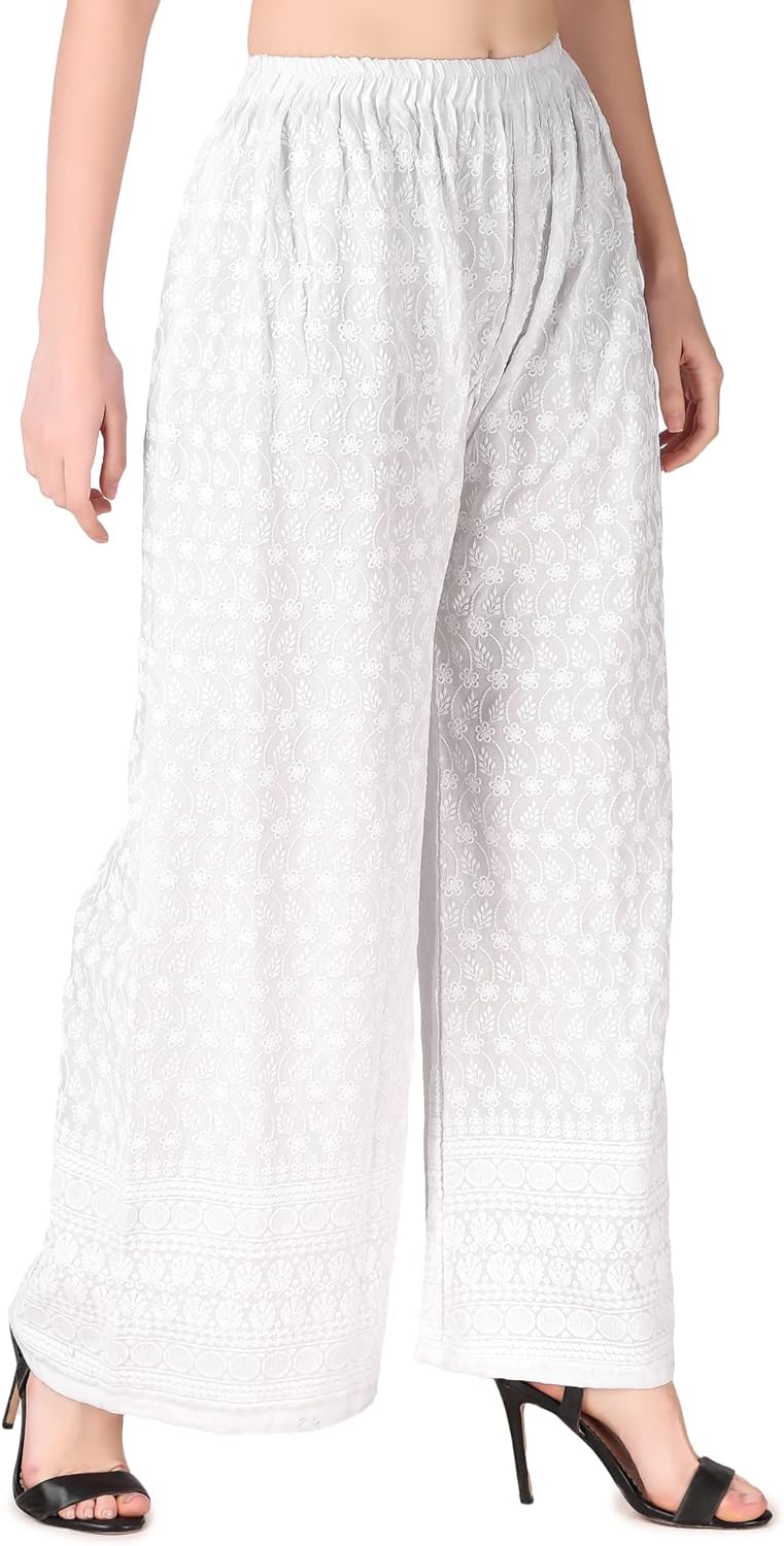 ladyline Women's Embroidered Hakoba Chikhan Palazzo Pant in Rayon with Elastic Closure