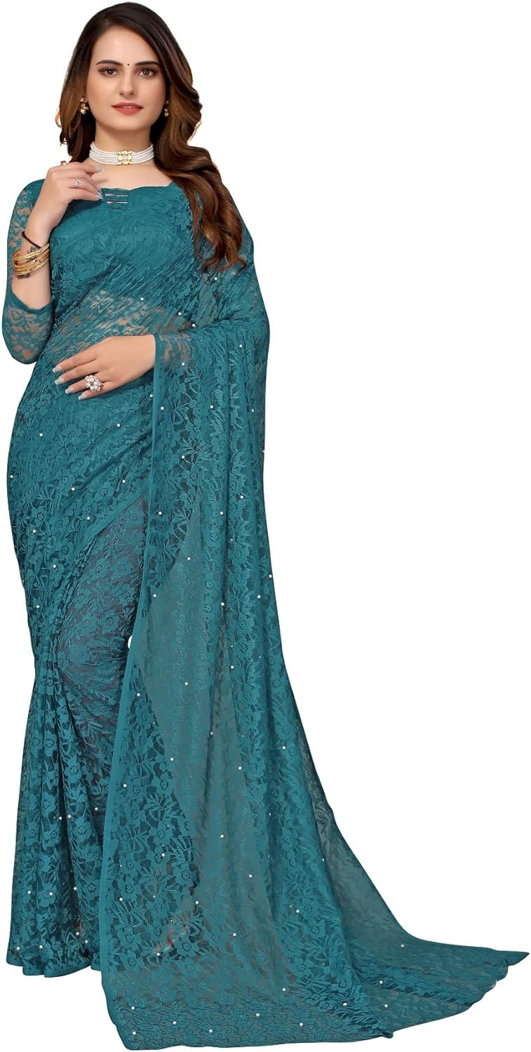 IMTRA FASHION Designer Net Saree for Women Indian Floral Sari with Blouse