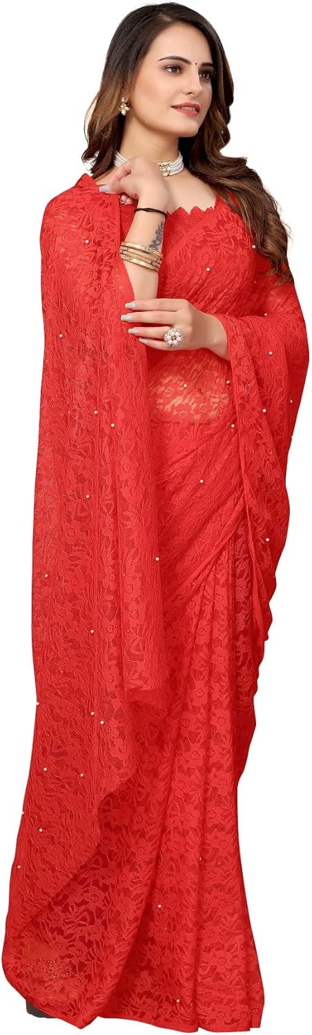 IMTRA FASHION Designer Net Saree for Women Indian Floral Sari with Blouse