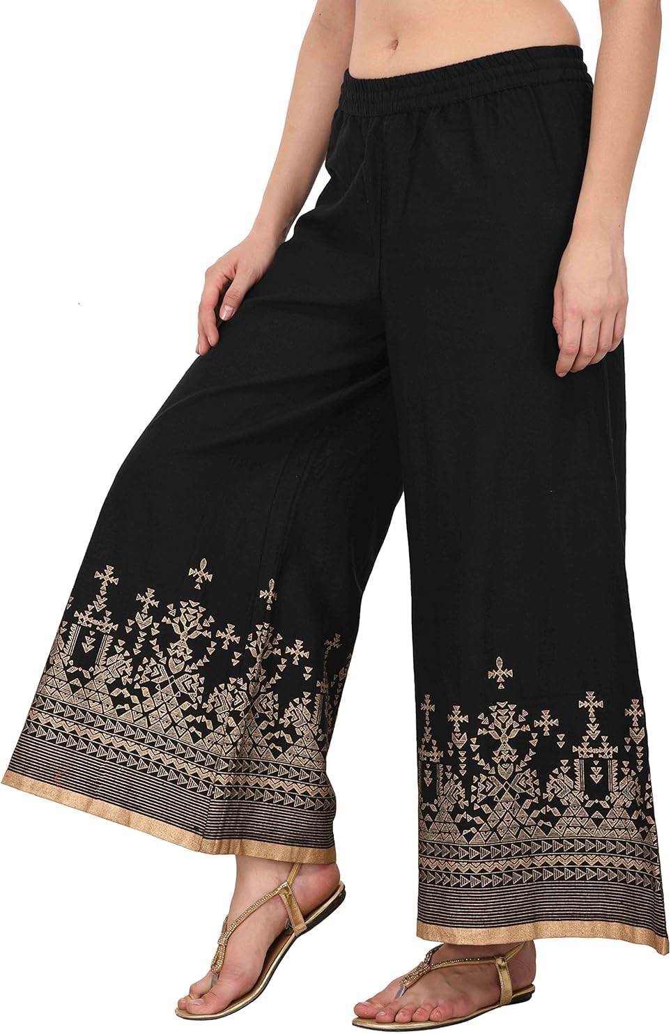 ladyline Women's Linen Cotton Palazzo Pant - Gold Printed with Pocket - Wide Leg Pants (PGPP)