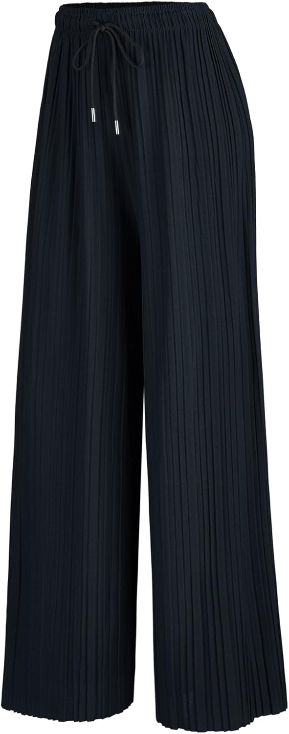 Lock and Love Womens Pleated Wide Leg Palazzo Maxi Pants with Drawstring or Elastic Band