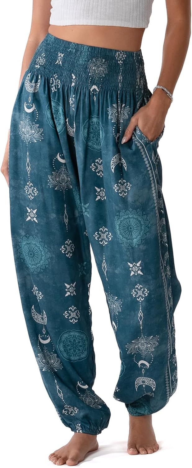 Lotus and Luna Women's Harem Pants Thai Pants for Beach & Lounge High Waisted Flowy Boho Pants Genie Pants Yoga Pants