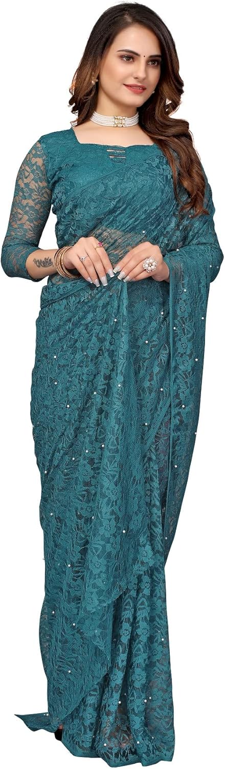 IMTRA FASHION Designer Net Saree for Women Indian Floral Sari with Blouse