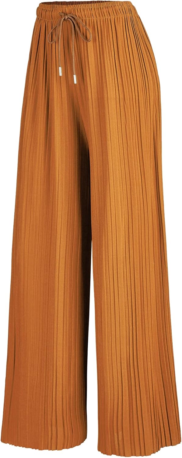 Lock and Love Womens Pleated Wide Leg Palazzo Maxi Pants with Drawstring or Elastic Band