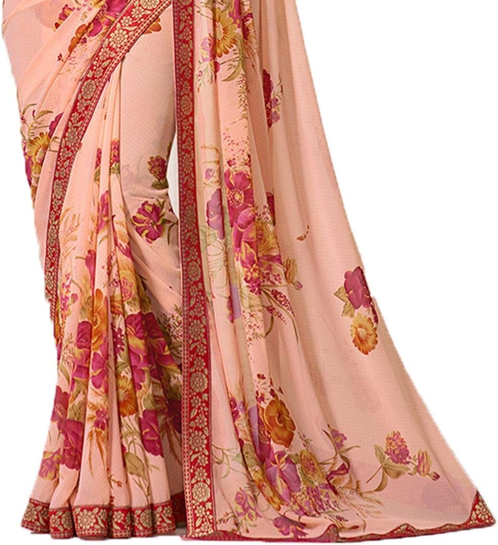 MAHEK Indian Women's Georgette New Fancy All Over Flower Prints Saree with Border & Blouse