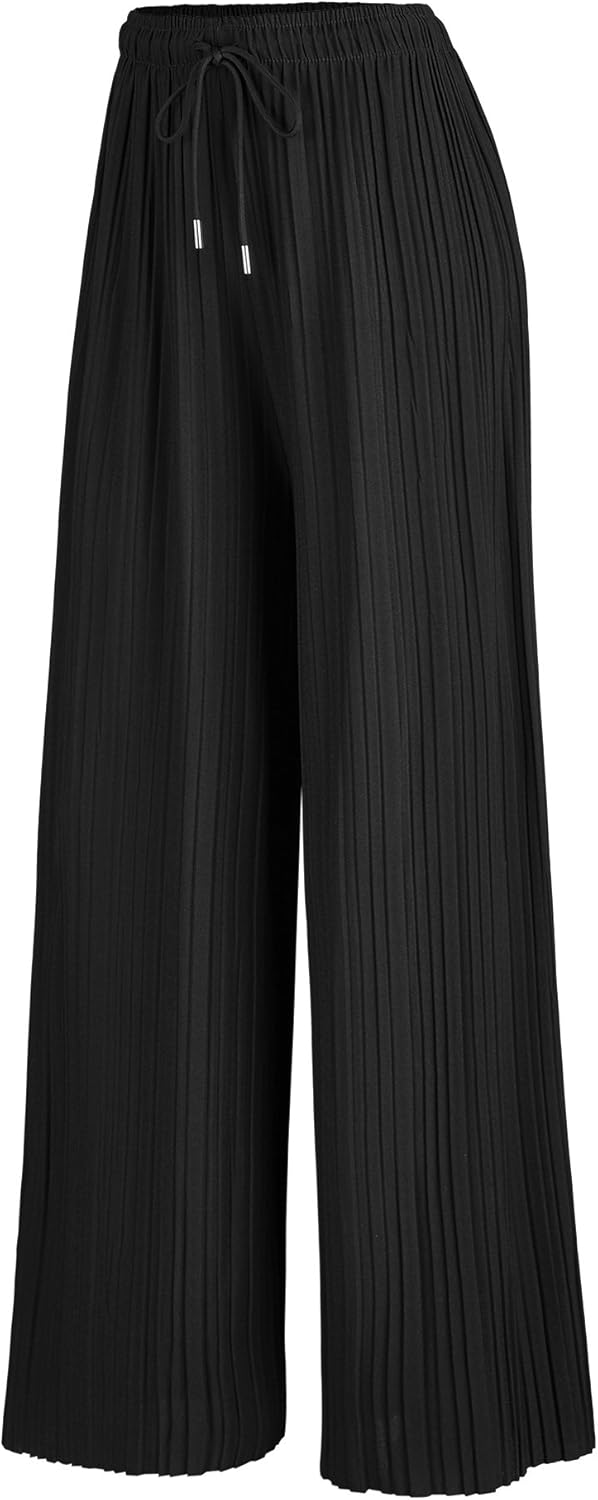 Lock and Love Womens Pleated Wide Leg Palazzo Maxi Pants with Drawstring or Elastic Band