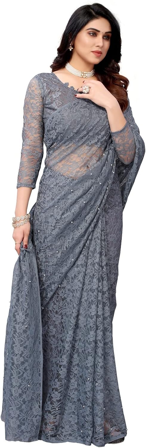 IMTRA FASHION Designer Net Saree for Women Indian Floral Sari with Blouse