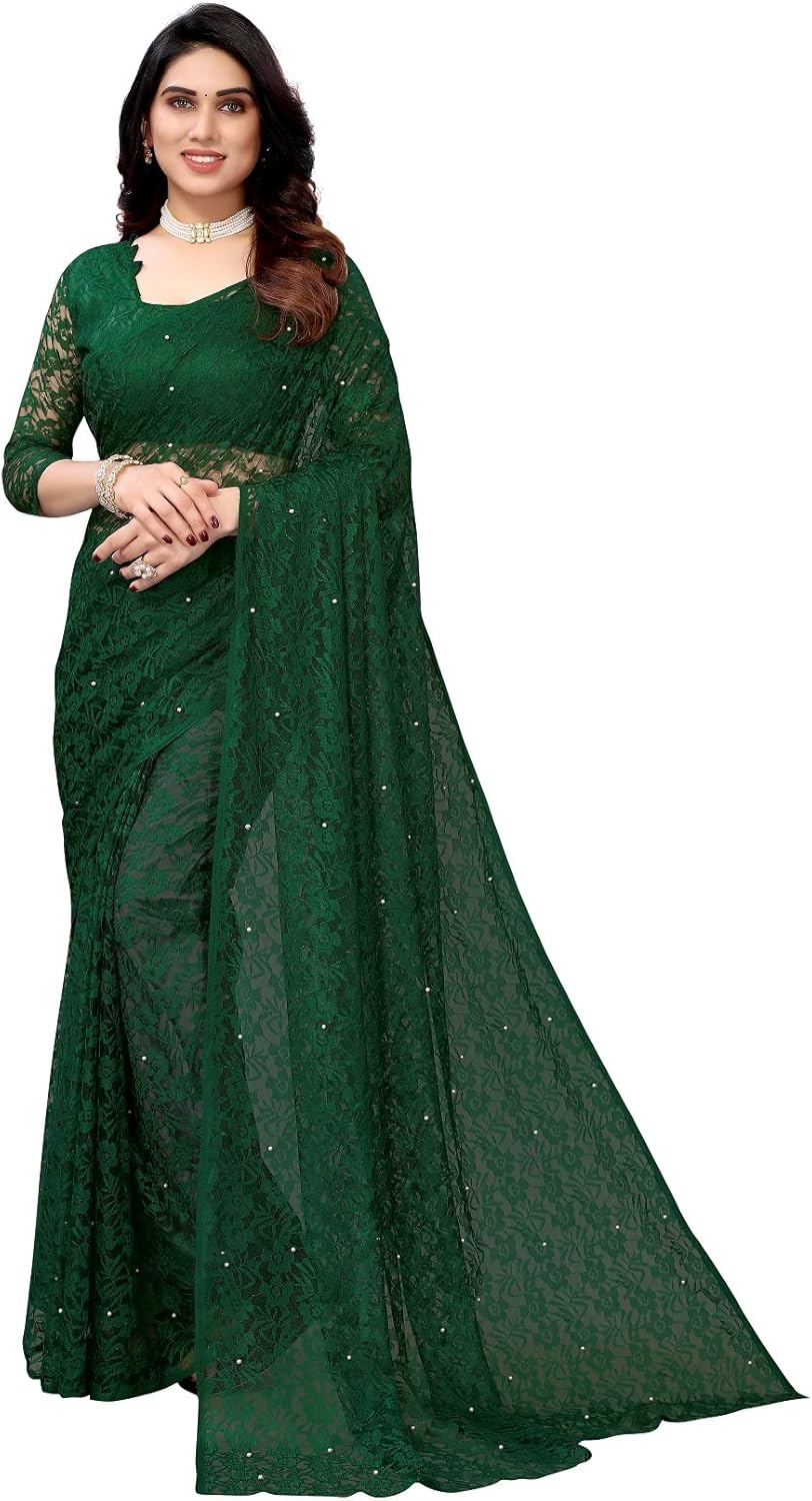 IMTRA FASHION Designer Net Saree for Women Indian Floral Sari with Blouse