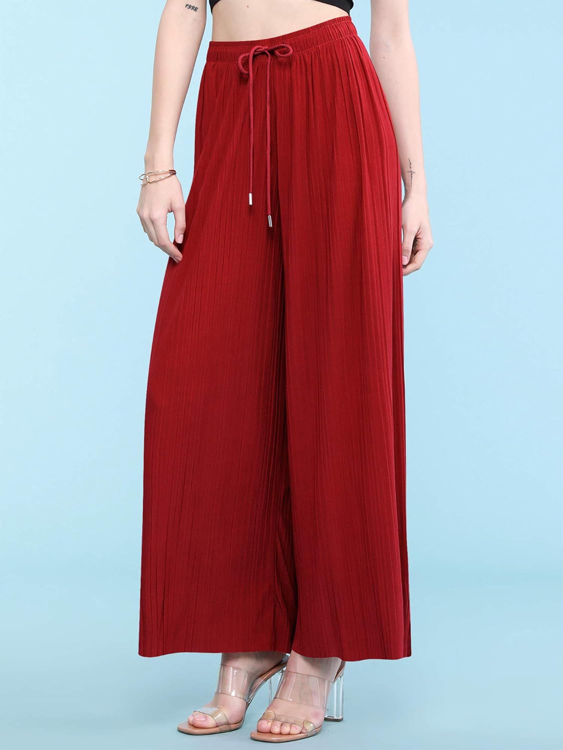 Lock and Love Womens Pleated Wide Leg Palazzo Maxi Pants with Drawstring or Elastic Band