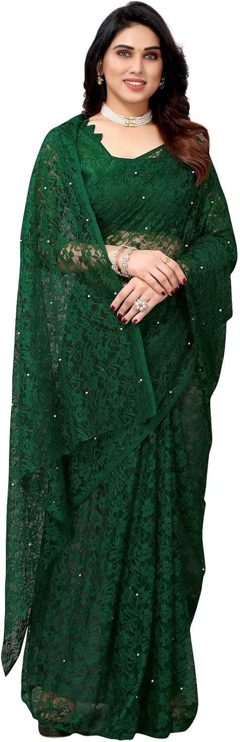 IMTRA FASHION Designer Net Saree for Women Indian Floral Sari with Blouse