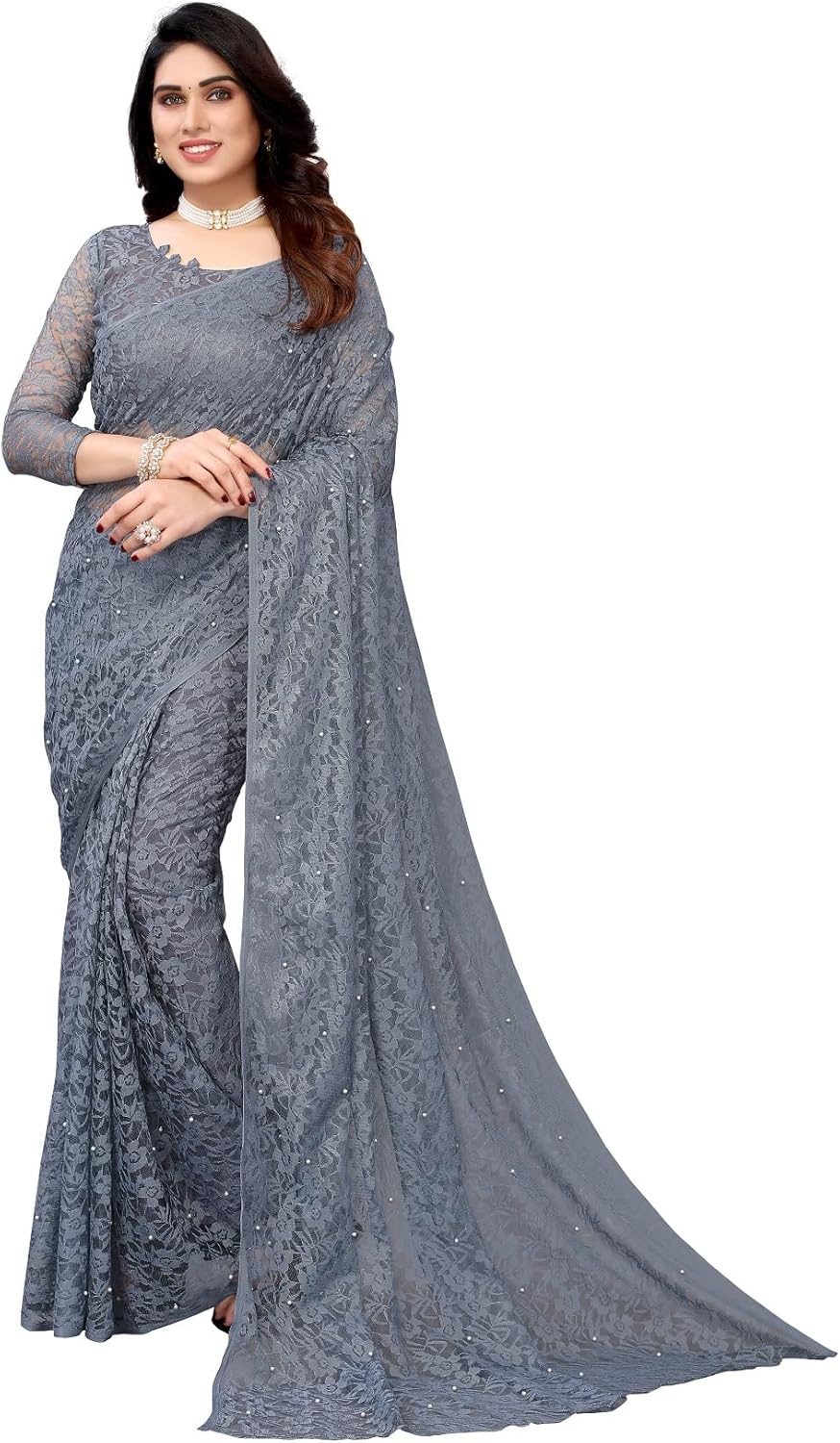 IMTRA FASHION Designer Net Saree for Women Indian Floral Sari with Blouse