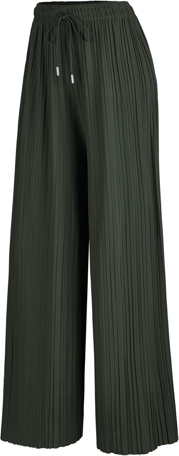 Lock and Love Womens Pleated Wide Leg Palazzo Maxi Pants with Drawstring or Elastic Band