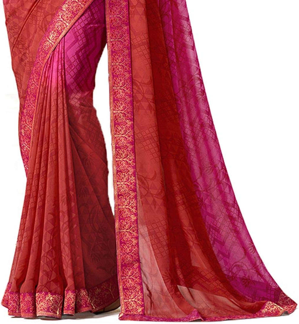 MAHEK Indian Women's Georgette New Fancy All Over Flower Prints Saree with Border & Blouse