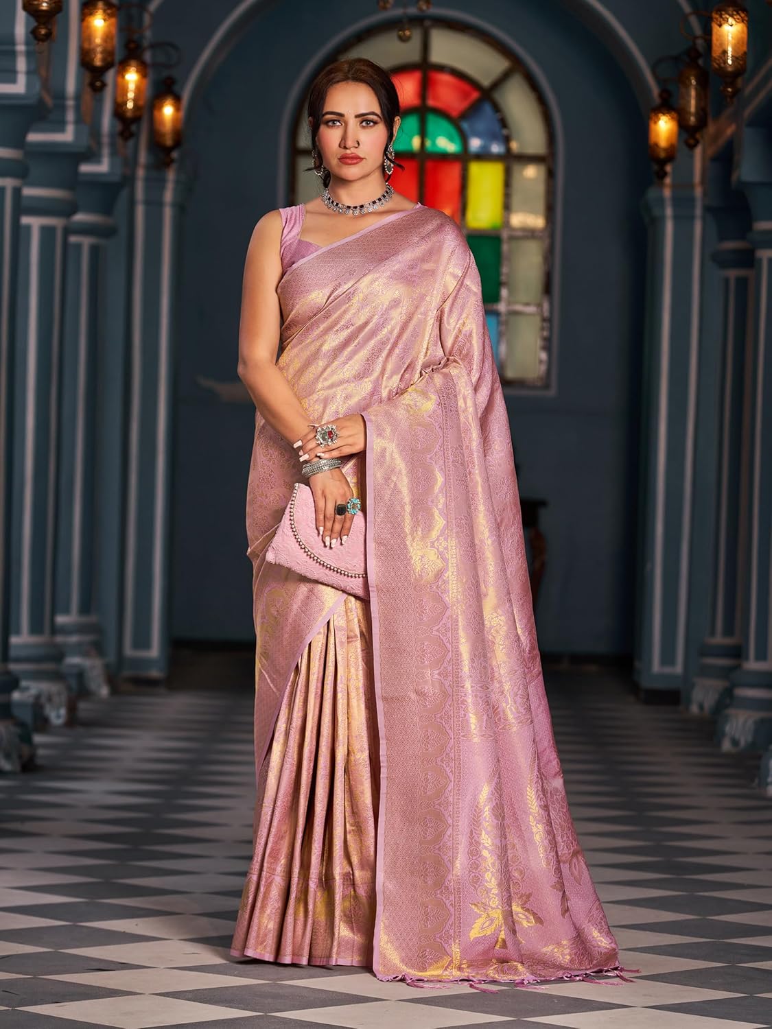 Womens Kanjivaram Silk Saree with Zari Woven Saree With Blouse Piece