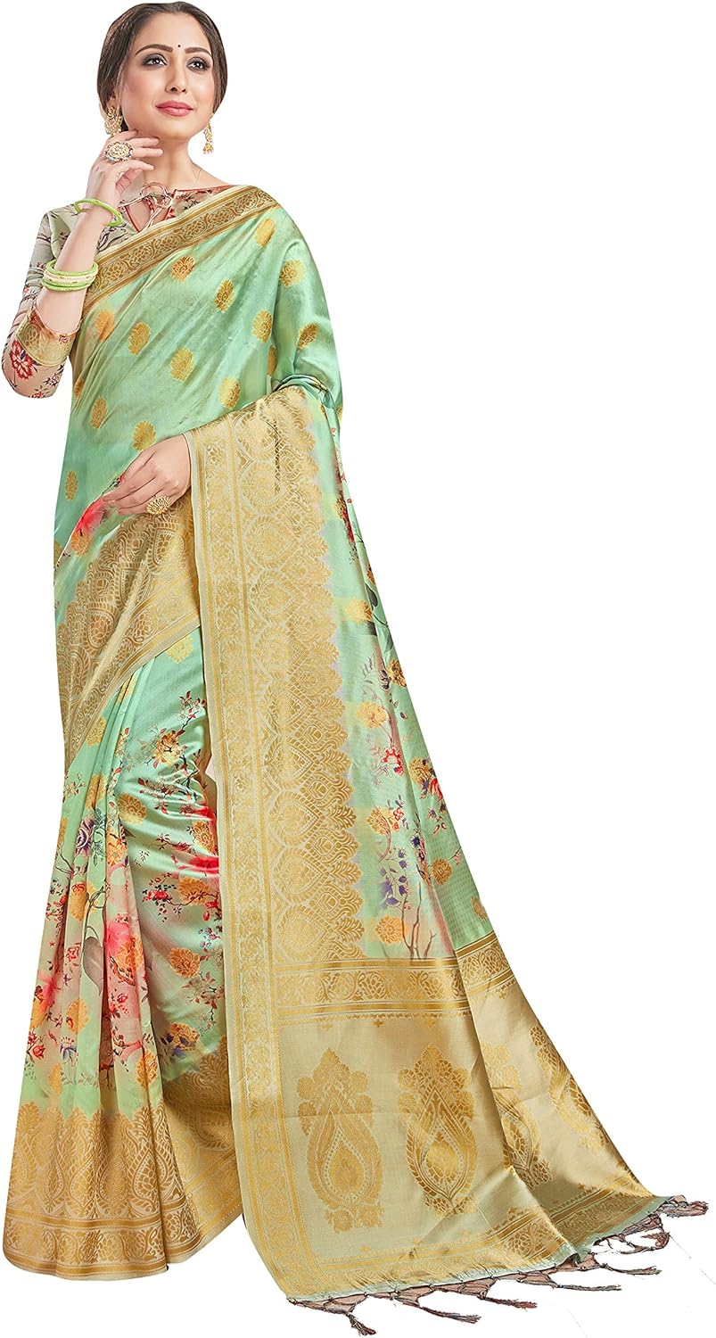 Sarees for Women Banarasi Art Silk Digital Print Sari With Zari Resham Woven Border - Indian Gift Saree & Unstitched Blouse