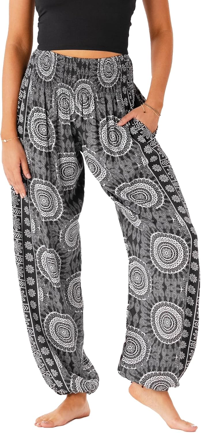 Lotus and Luna Women's Harem Pants Thai Pants for Beach & Lounge High Waisted Flowy Boho Pants Genie Pants Yoga Pants