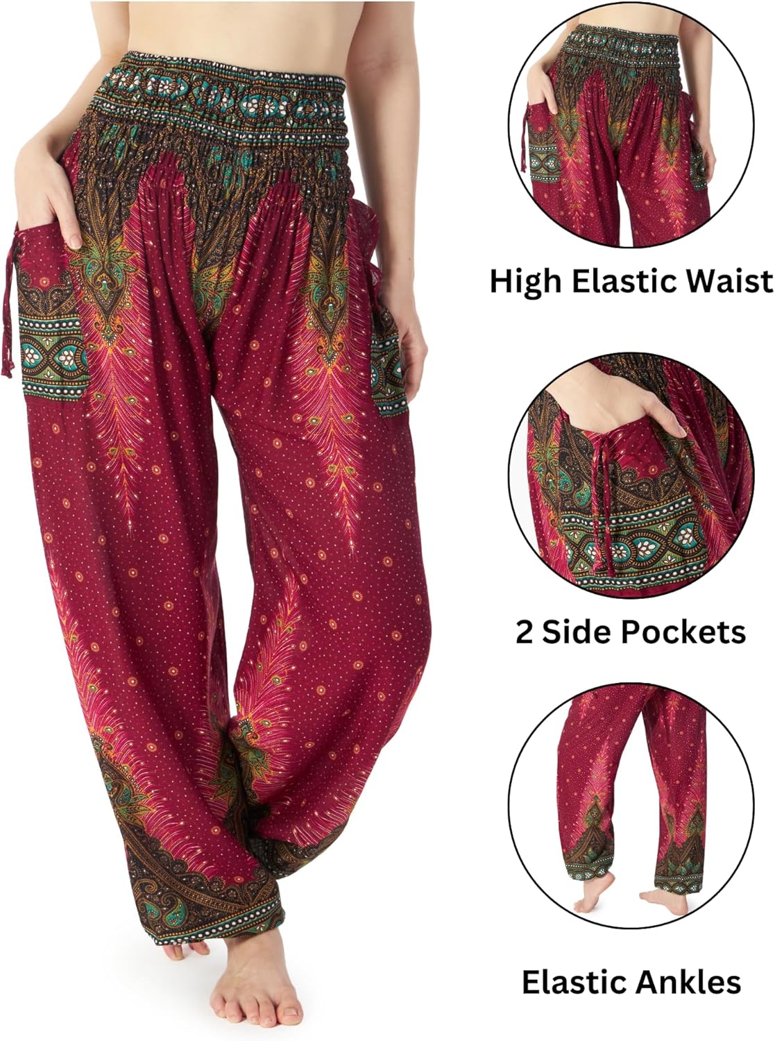 Lannaclothesdesign Women's Smocked Waist Boho Flowy Yoga Harem Pants Hippie Clothes