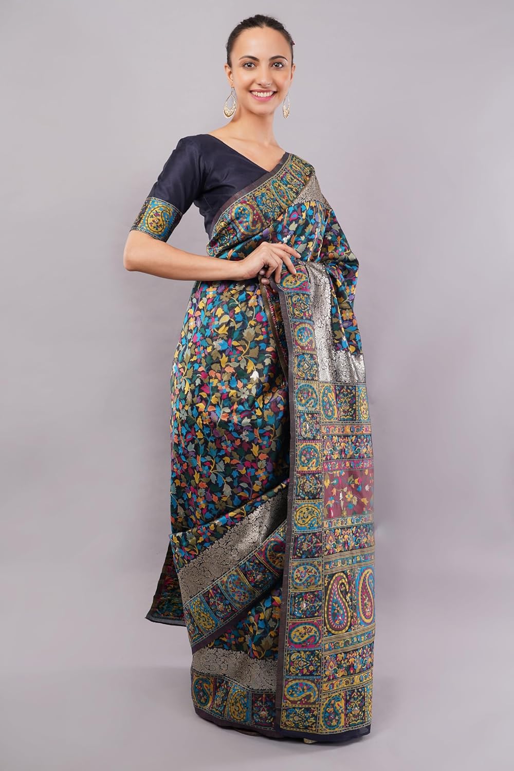 Indian Women Kashmiri Banarasi Soft Silk Multicolored Saree (Sari) For Women With Blue Blouse Piece-135