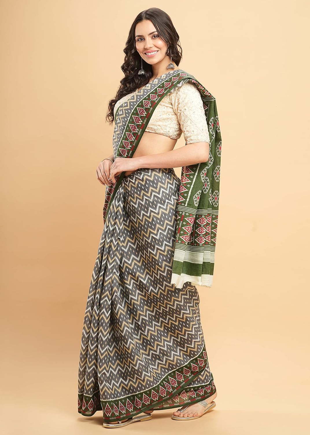 Temple Border Printed Sambalpuri Ikat Pure Cotton Saree - Traditional Elegance with Handcrafted Border Print