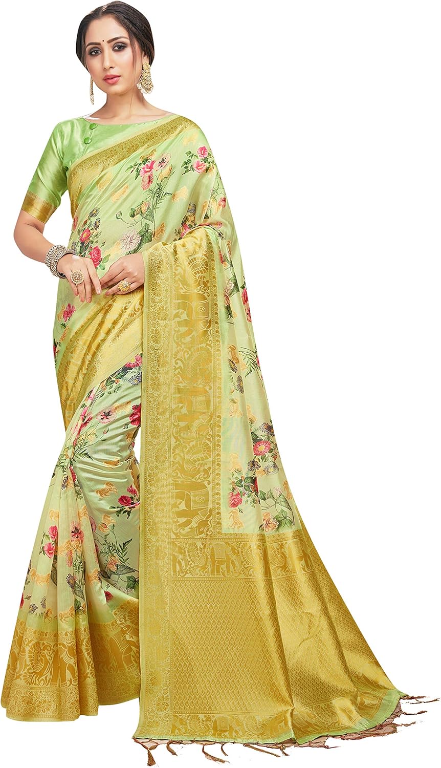 Sarees for Women Banarasi Art Silk Digital Print Sari With Zari Resham Woven Border - Indian Gift Saree & Unstitched Blouse