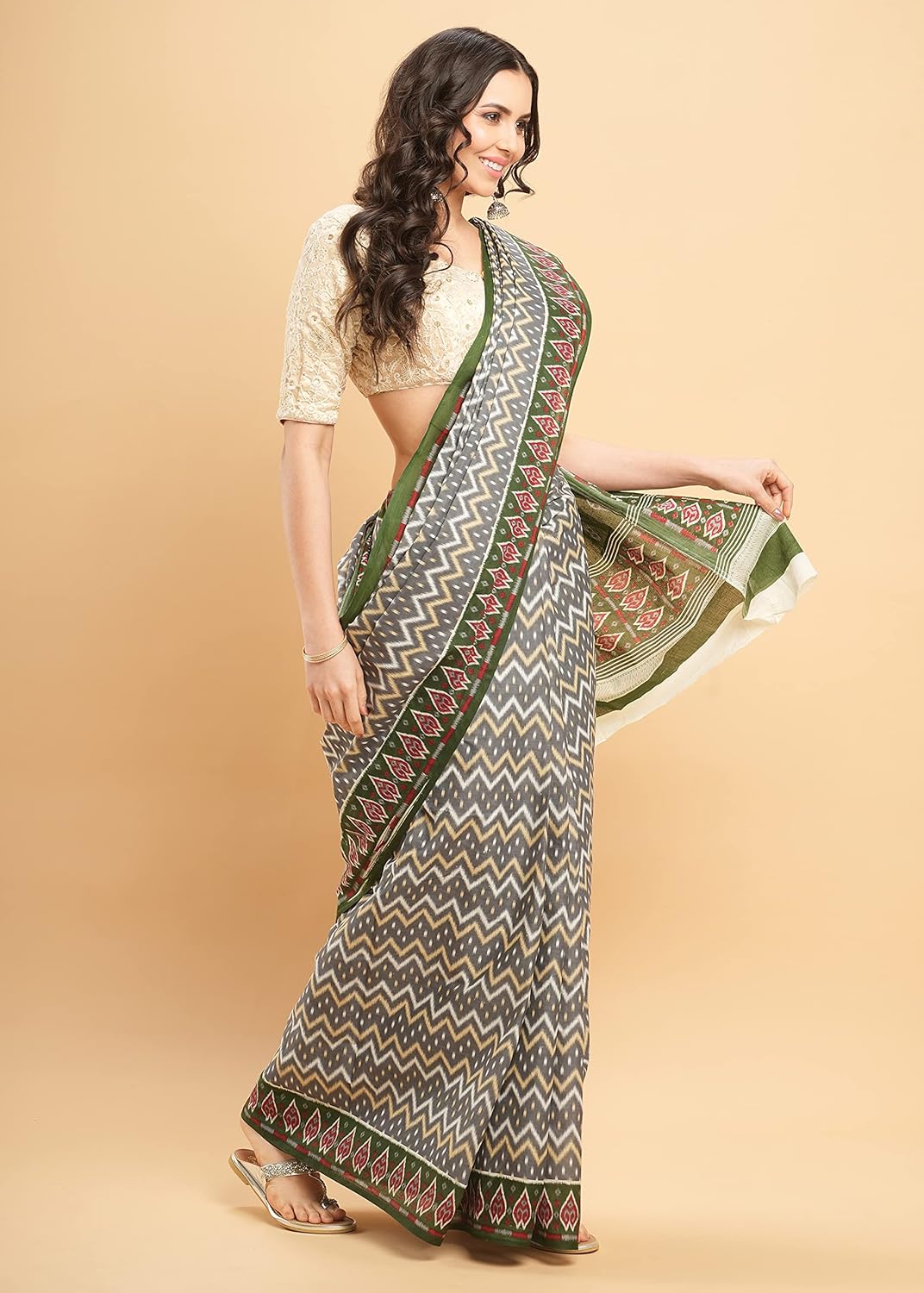 Temple Border Printed Sambalpuri Ikat Pure Cotton Saree - Traditional Elegance with Handcrafted Border Print