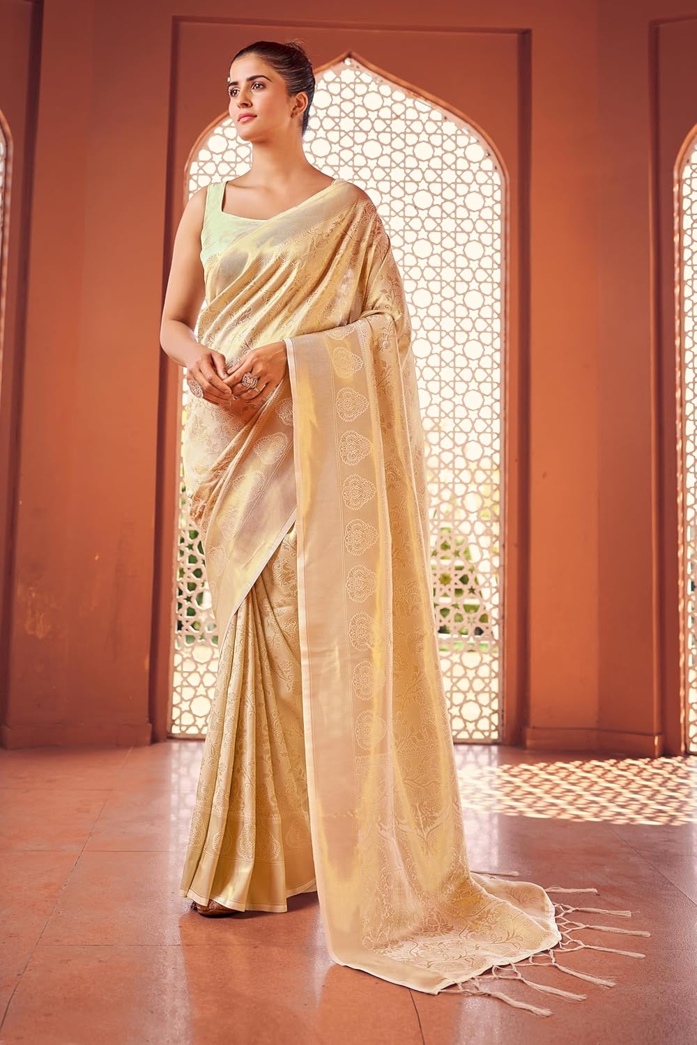 Womens Kanjivaram Silk Saree with Zari Woven Saree With Blouse Piece