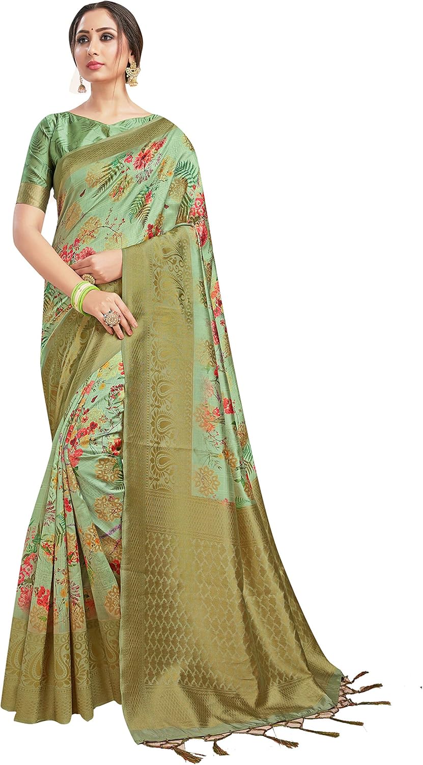 Sarees for Women Banarasi Art Silk Digital Print Sari With Zari Resham Woven Border - Indian Gift Saree & Unstitched Blouse