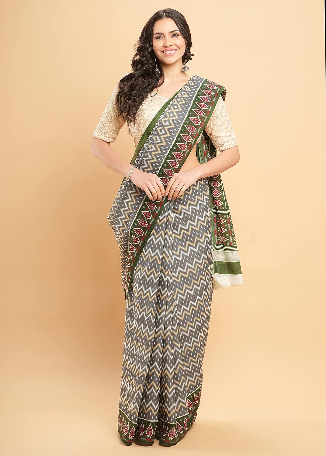 Temple Border Printed Sambalpuri Ikat Pure Cotton Saree - Traditional Elegance with Handcrafted Border Print