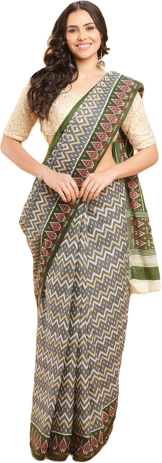 Temple Border Printed Sambalpuri Ikat Pure Cotton Saree - Traditional Elegance with Handcrafted Border Print