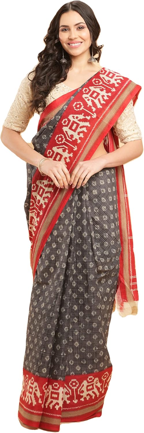 Temple Border Printed Sambalpuri Ikat Pure Cotton Saree - Traditional Elegance with Handcrafted Border Print