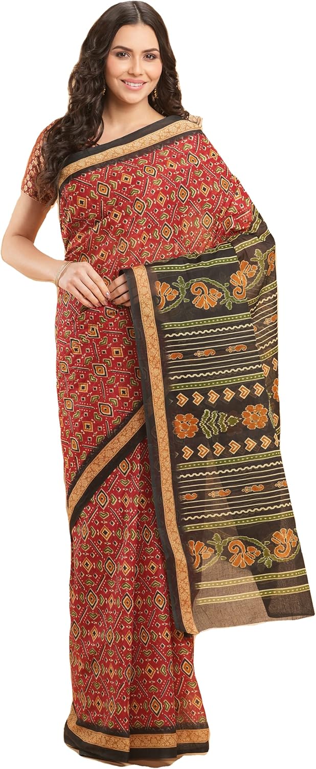 Temple Border Printed Sambalpuri Ikat Pure Cotton Saree - Traditional Elegance with Handcrafted Border Print