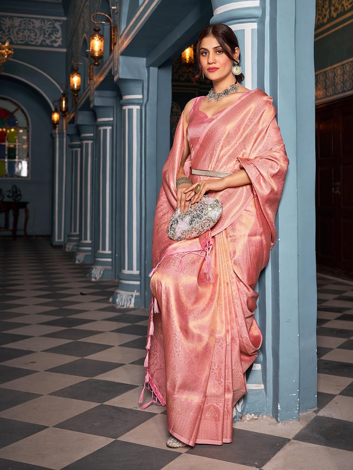 Womens Kanjivaram Silk Saree with Zari Woven Saree With Blouse Piece