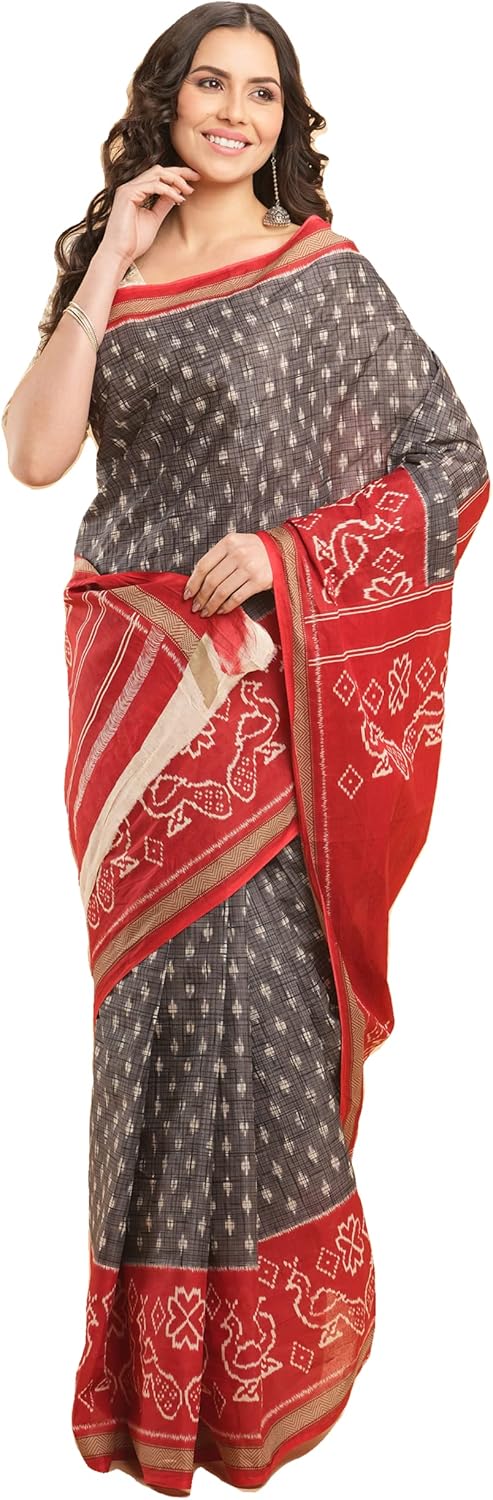 Temple Border Printed Sambalpuri Ikat Pure Cotton Saree - Traditional Elegance with Handcrafted Border Print