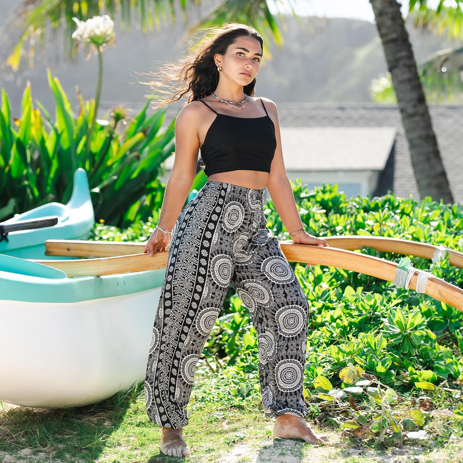 Lotus and Luna Women's Harem Pants Thai Pants for Beach & Lounge High Waisted Flowy Boho Pants Genie Pants Yoga Pants