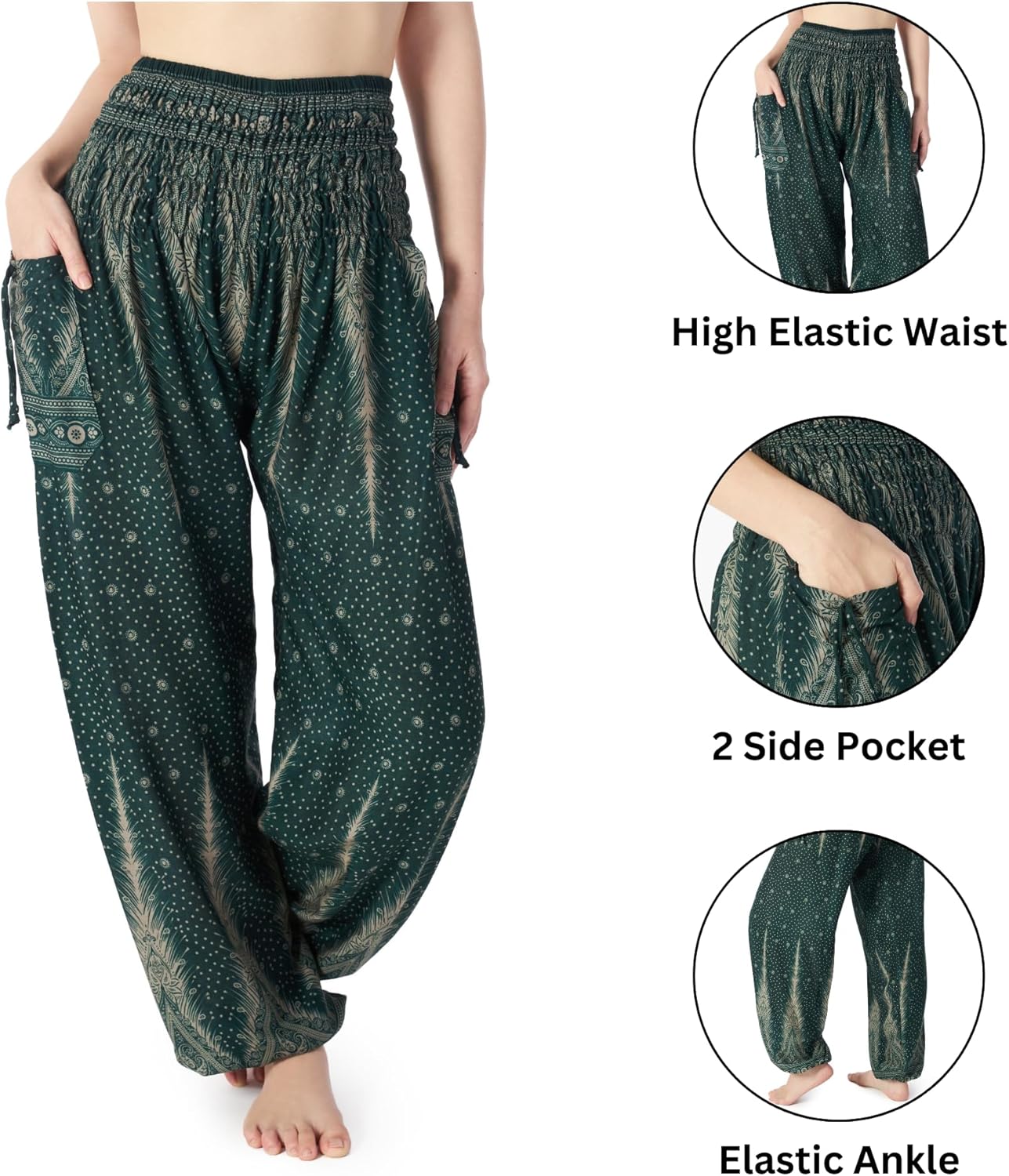 Lannaclothesdesign Women's Smocked Waist Boho Flowy Yoga Harem Pants Hippie Clothes