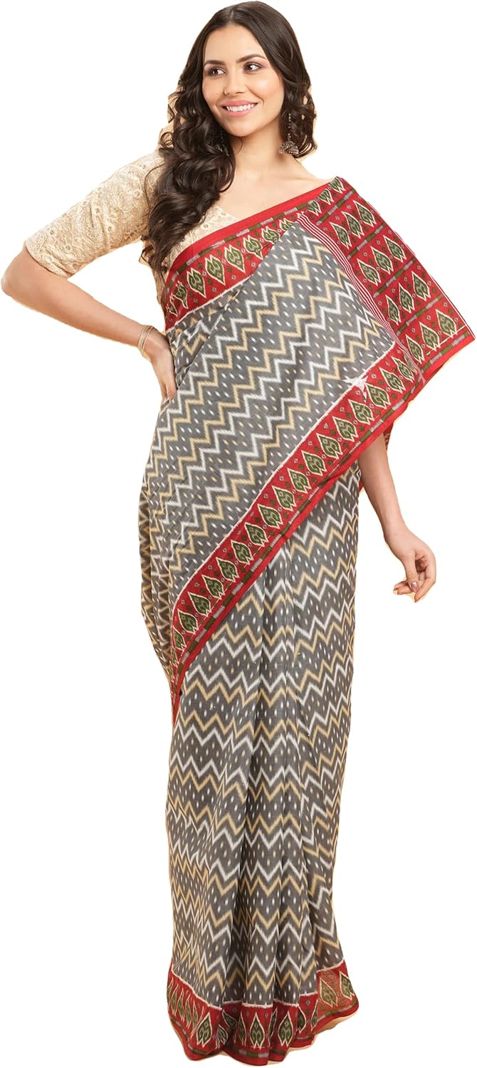 Temple Border Printed Sambalpuri Ikat Pure Cotton Saree - Traditional Elegance with Handcrafted Border Print