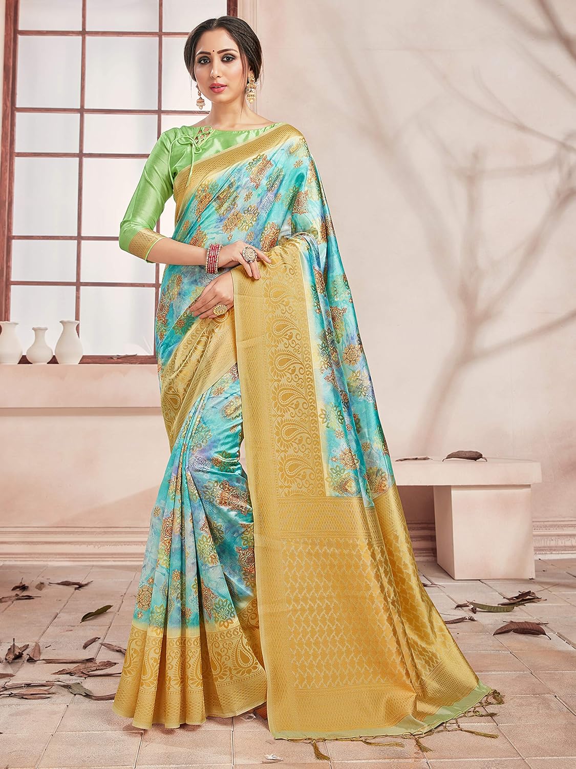 Sarees for Women Banarasi Art Silk Digital Print Sari With Zari Resham Woven Border - Indian Gift Saree & Unstitched Blouse