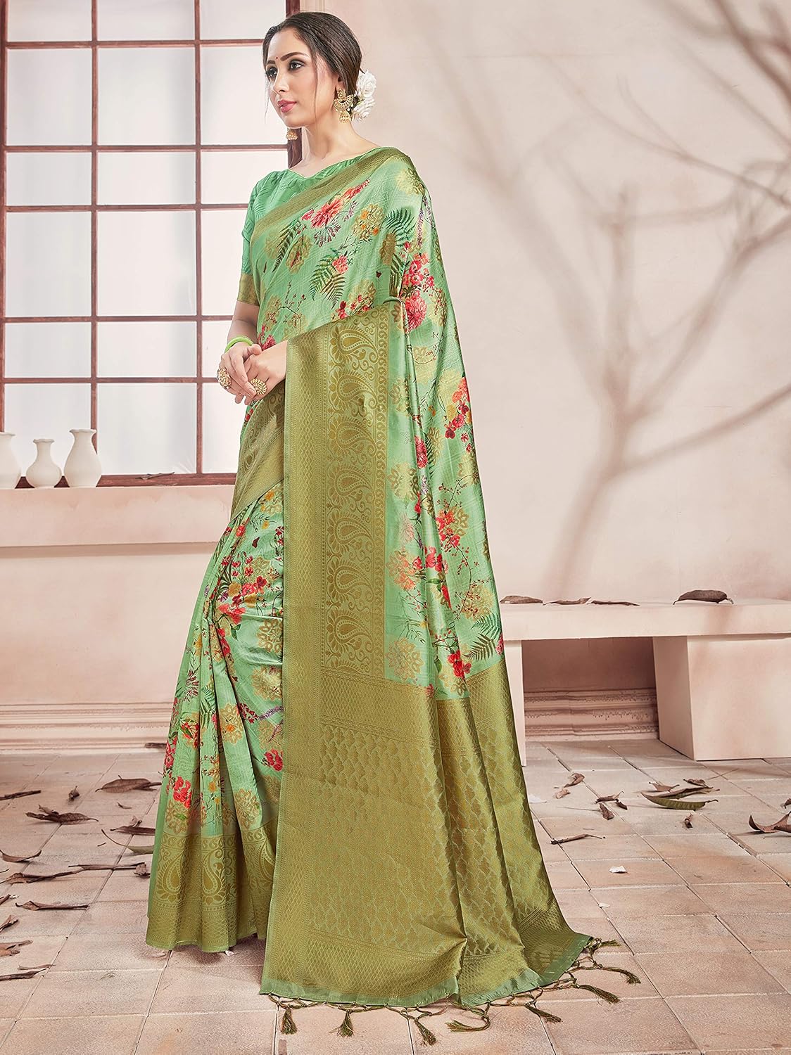 Sarees for Women Banarasi Art Silk Digital Print Sari With Zari Resham Woven Border - Indian Gift Saree & Unstitched Blouse