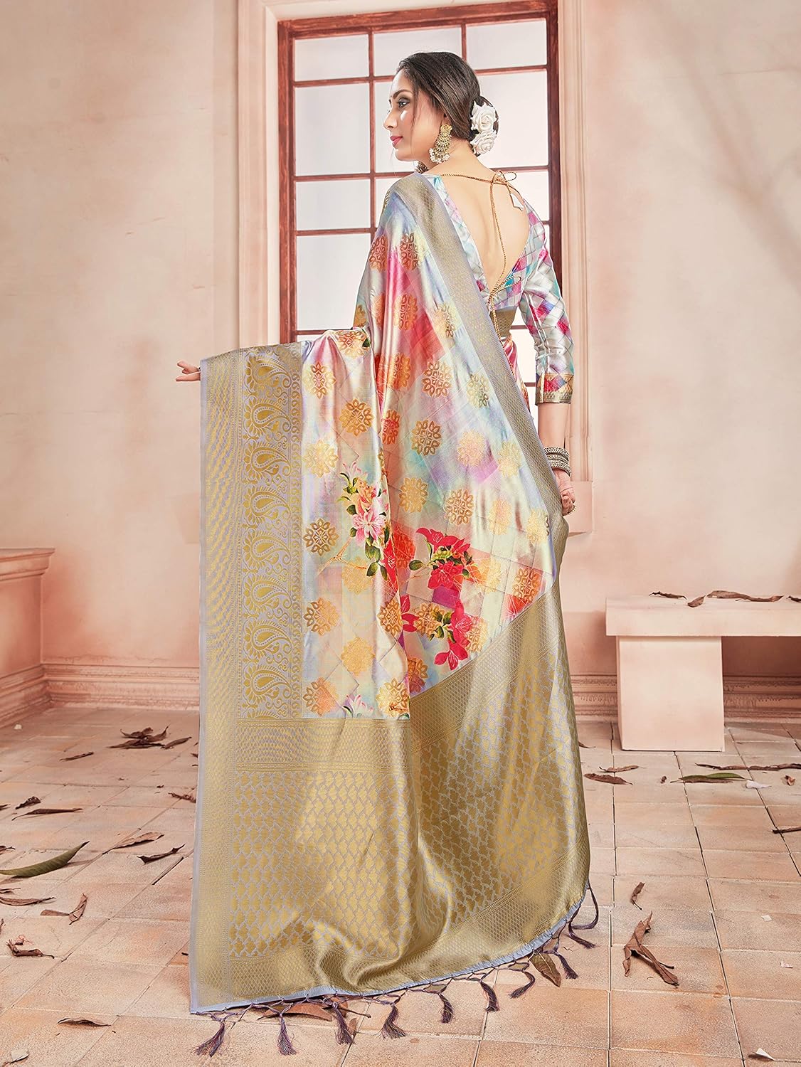 Sarees for Women Banarasi Art Silk Digital Print Sari With Zari Resham Woven Border - Indian Gift Saree & Unstitched Blouse