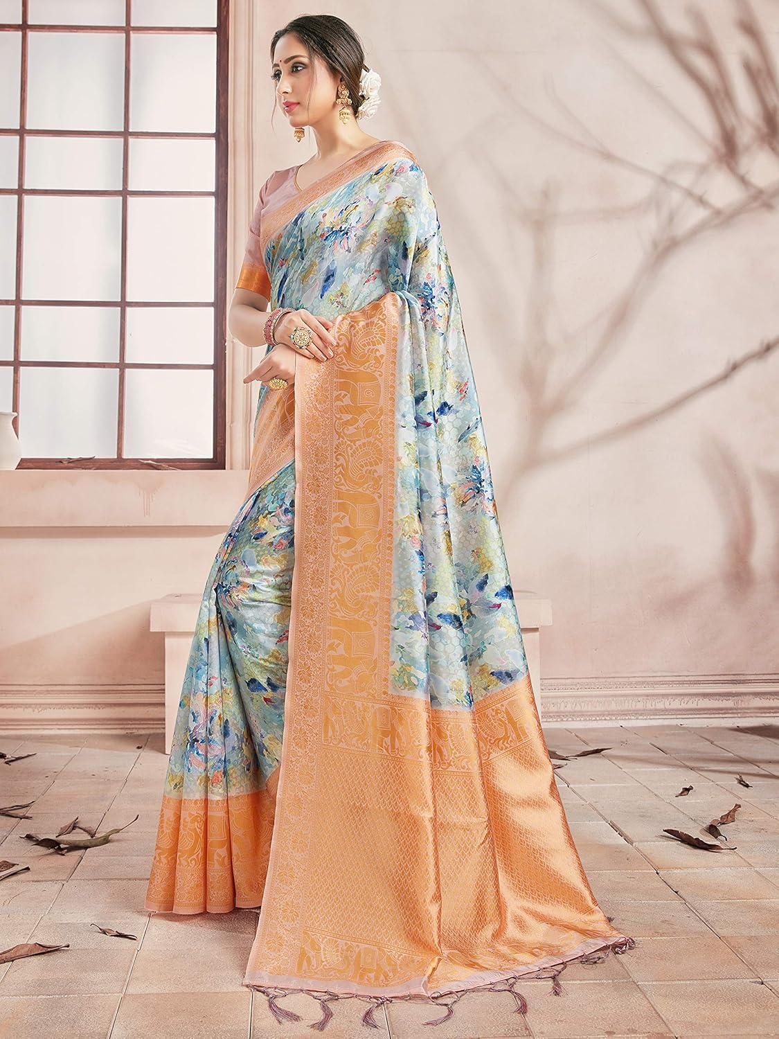 Sarees for Women Banarasi Art Silk Digital Print Sari With Zari Resham Woven Border - Indian Gift Saree & Unstitched Blouse