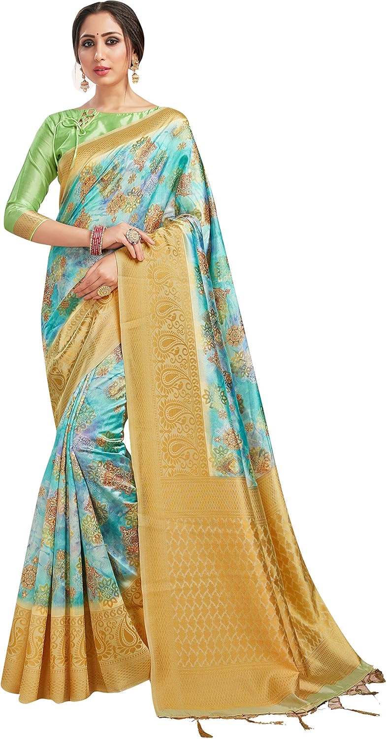 Sarees for Women Banarasi Art Silk Digital Print Sari With Zari Resham Woven Border - Indian Gift Saree & Unstitched Blouse