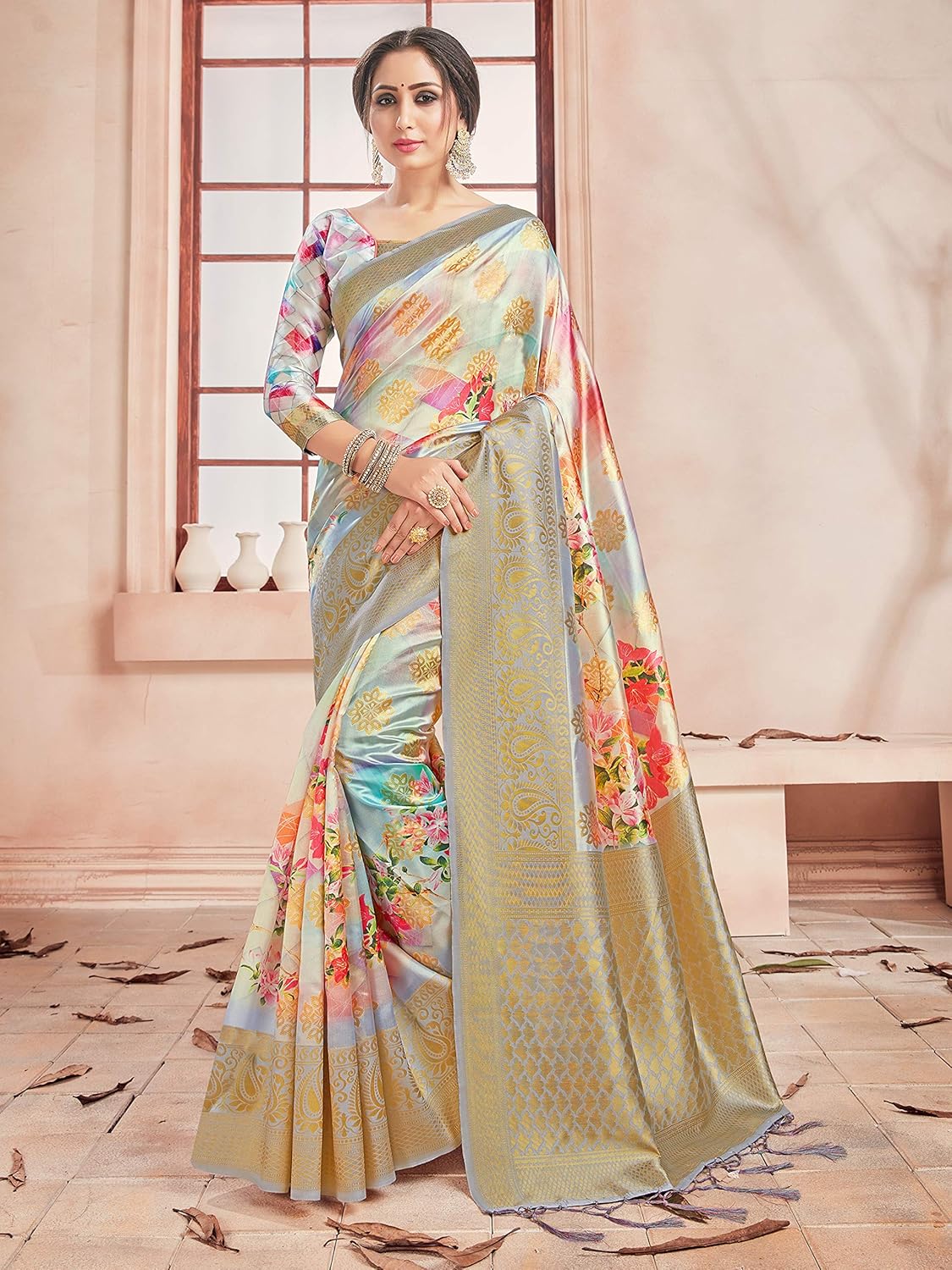 Sarees for Women Banarasi Art Silk Digital Print Sari With Zari Resham Woven Border - Indian Gift Saree & Unstitched Blouse